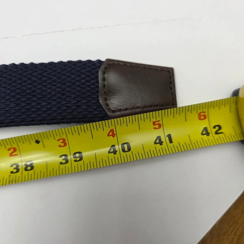 Boston Scott Men's Navy Stretchy Belt Brown Leather Trim Gunmetal Buckle Size 40